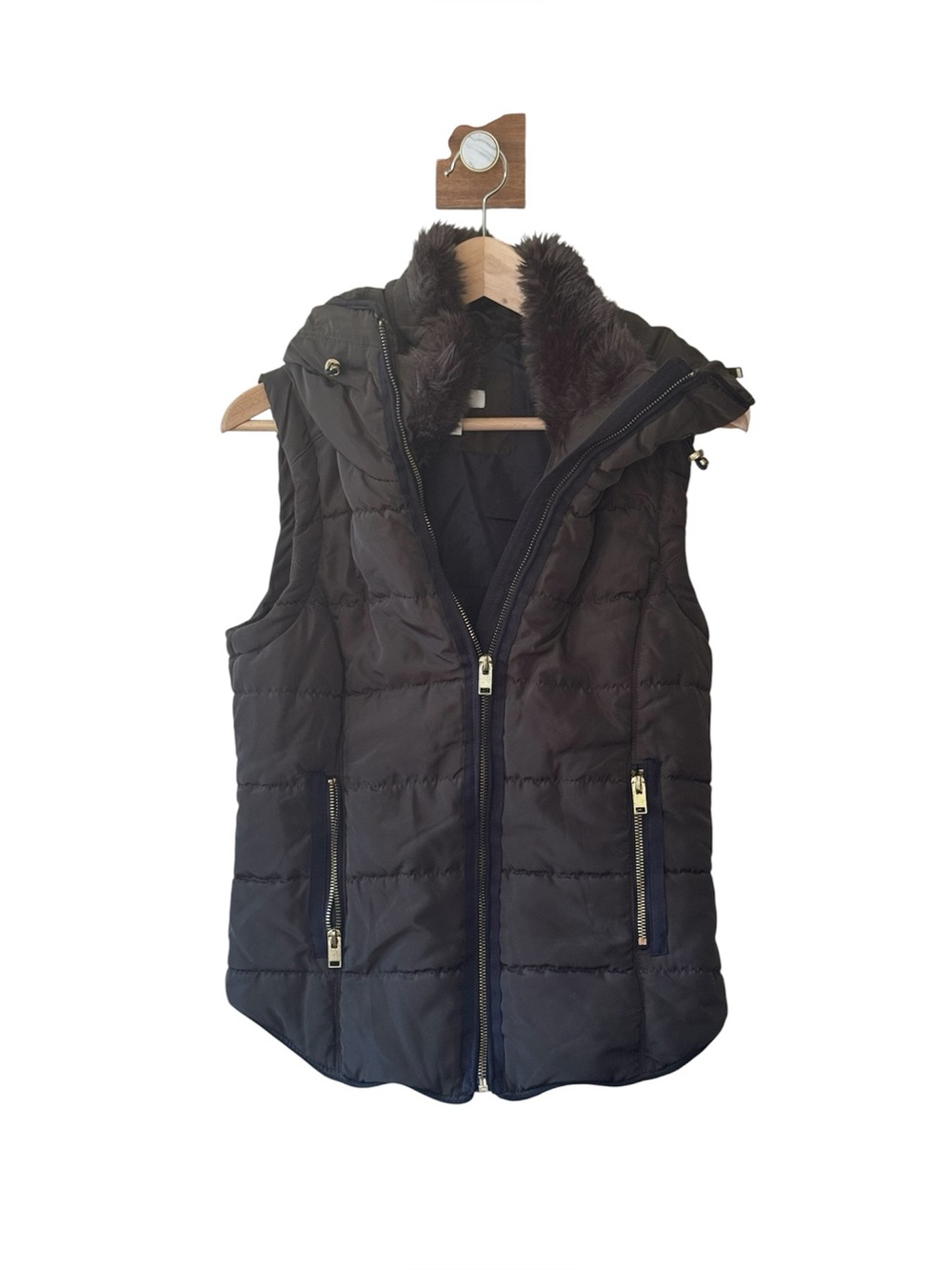 H&M Dark Olive Quilted Faux-Fur Hooded Vest S